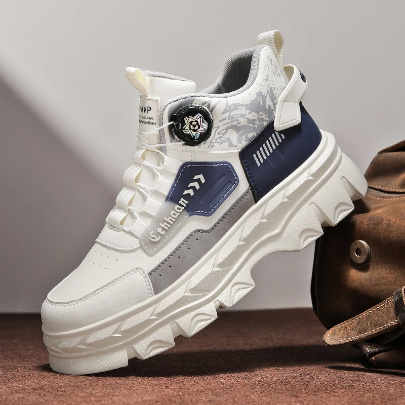 

Fashion Beige Men Motorcycle Shoes Convenient Rotary Buckle Men's Ankle Boots Comfort PU Leather Platform Boots Man Biker Shoes