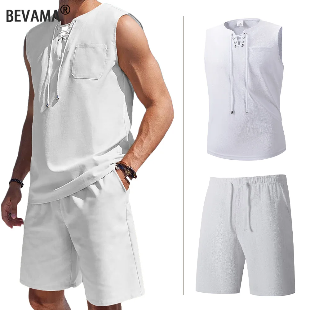 

Men's Summer Casual Vest Shorts Suit Solid Color Retro Textured Shorts Set Breathable Sleeveless Tie Neckline Vest Shorts Suit