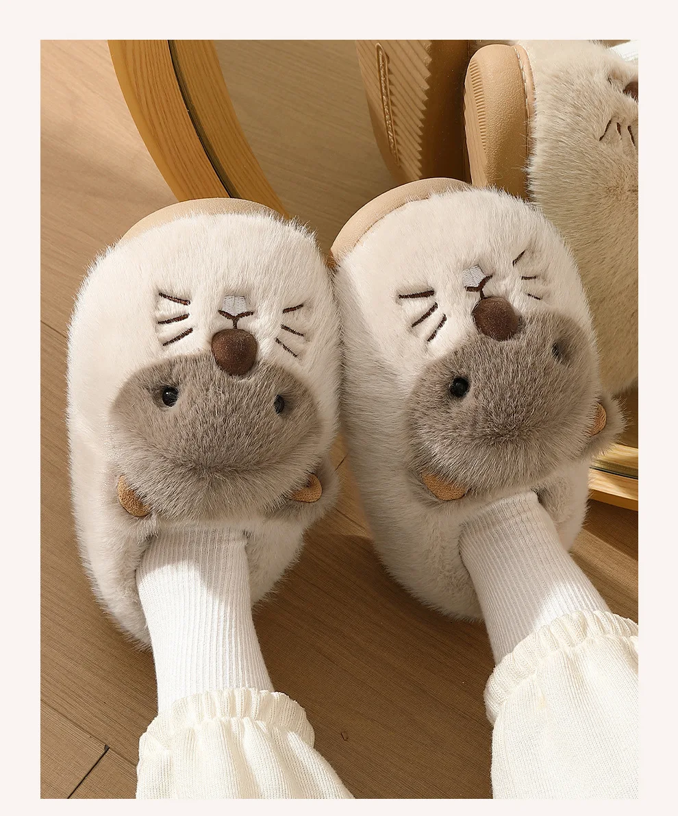 รองเท้าแตะการ์ตูนน่ารักสำหรับฤดูหนาว  แบบหนานุ่ม อุ่นสบาย ใส่ในบ้าน พื้นหนา สำหรับผู้หญิงและผู้ชาย