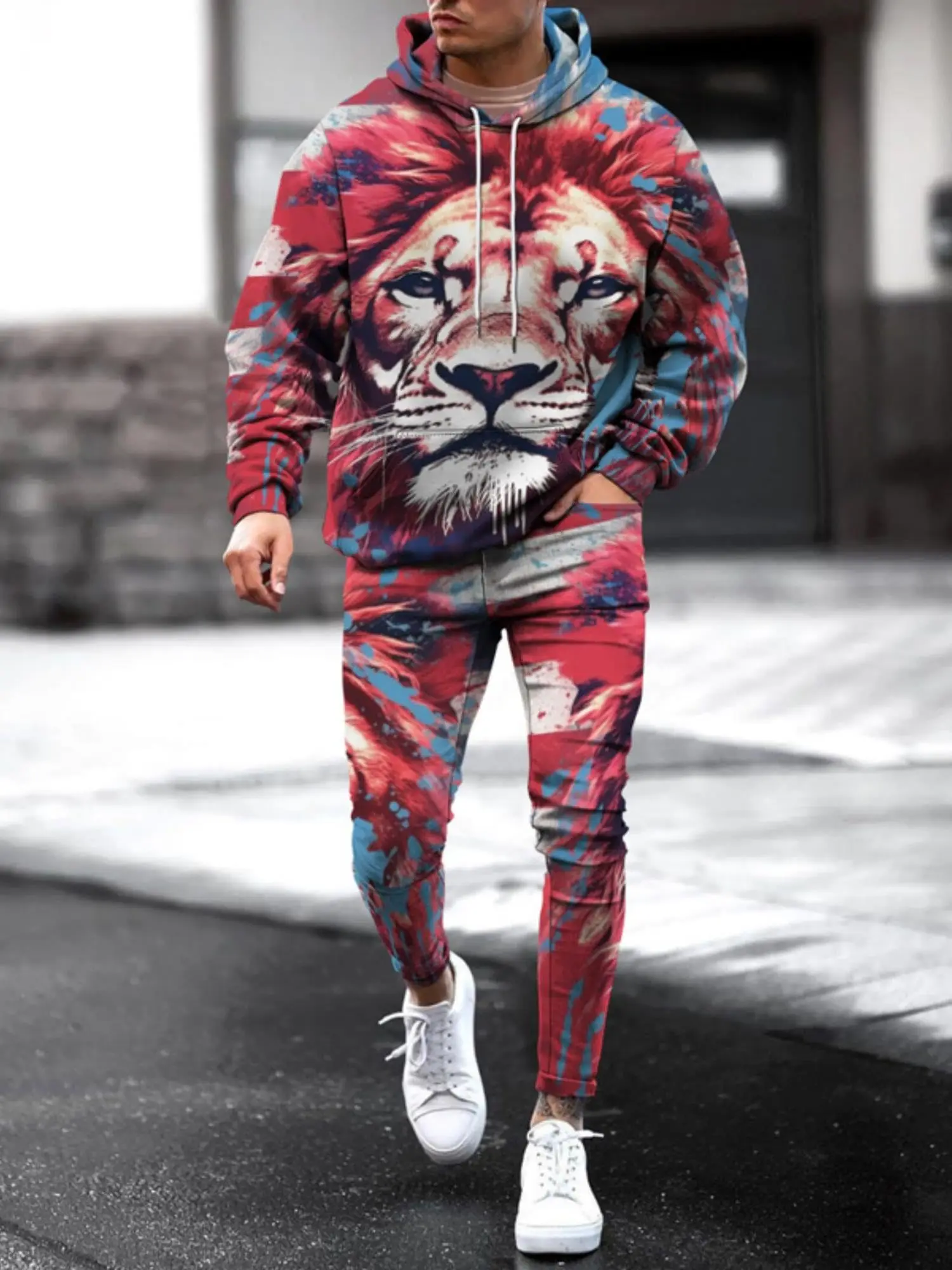 Men\'s 3d Printed Casual Flag Animal Hoodie Set Adult Two Piece Sportswear Sweatshirt Street Sweatpants Suit Men Women Universal