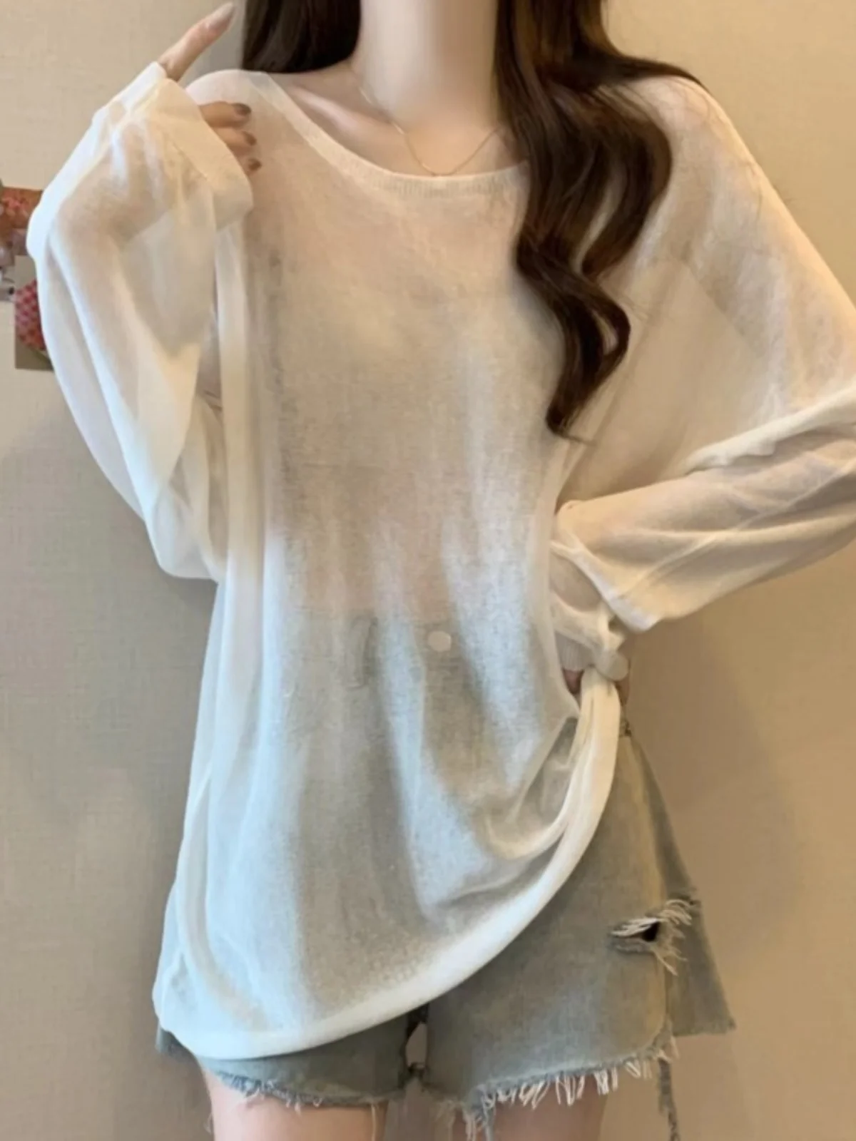 

Thin Bamboo Rayon Ice Silk Long Sleeve T-Shirt Women's Summer Large Size Fat MM Outer Covering Linen Top Korean Style Loose Fit