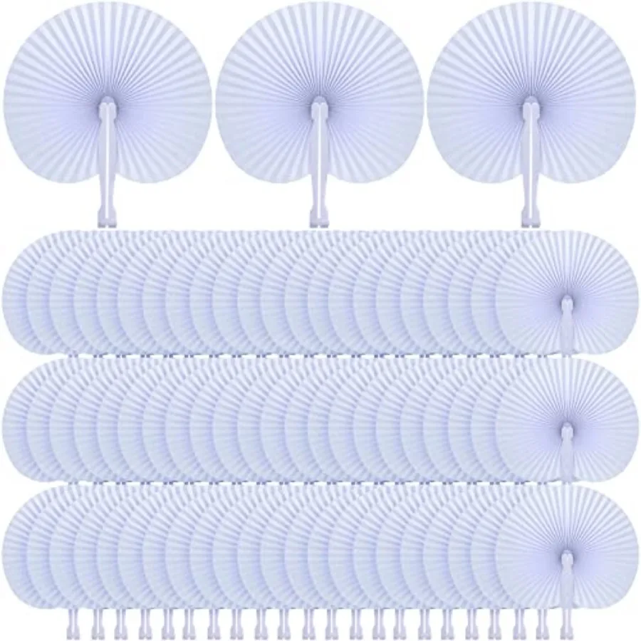 

Yulejo Packs White Wedding Fan Round Folding Paper Fans with Plastic Handle Pocket Decorative for Wedding Celebration DIY Birth