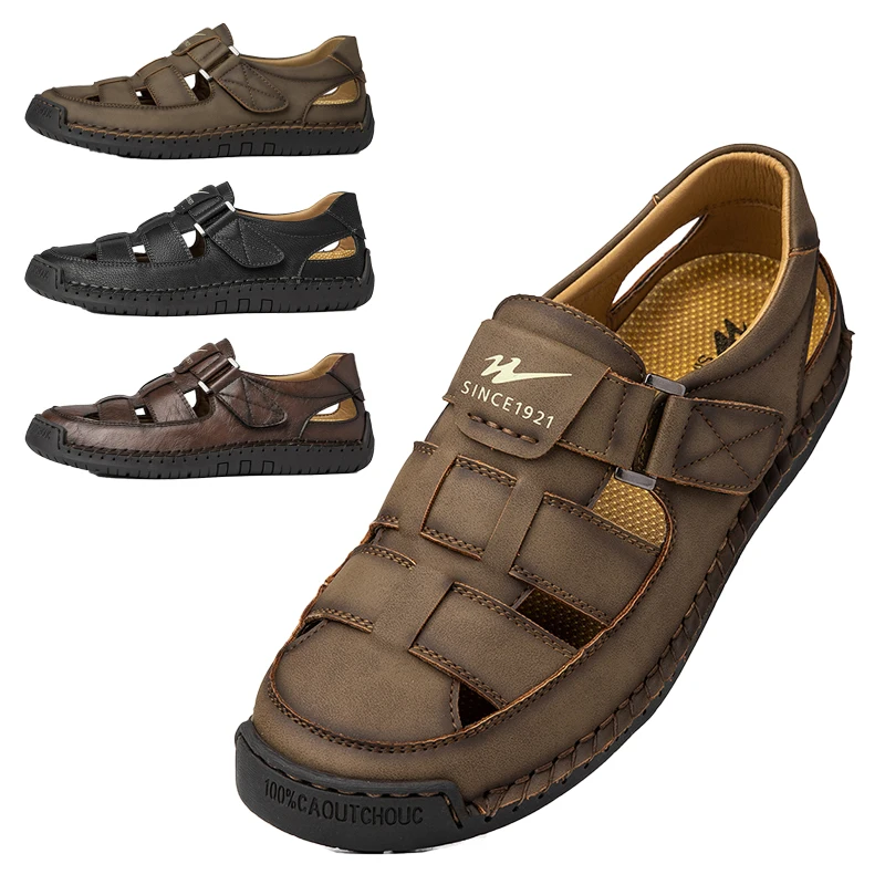 Men's Wide Toe Box Hollow Out Leather Sandals Plus Size 47 48 Breathable Closed Toe Casual Roman Shoes