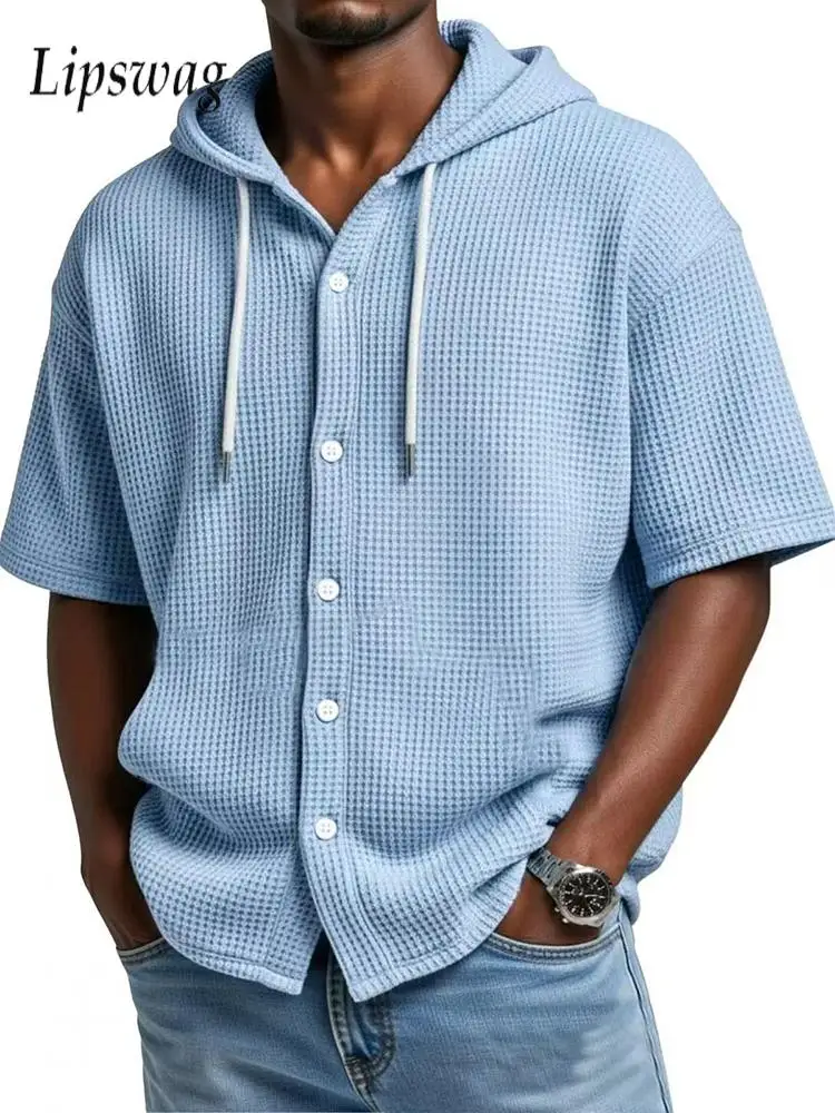 

Casual Buttoned Drawstring Hooded Shirts Men Fashion Waffle Plaid Texture Shirt Tops 2026 Summer Vintage Short Sleeve Hoodie 5XL