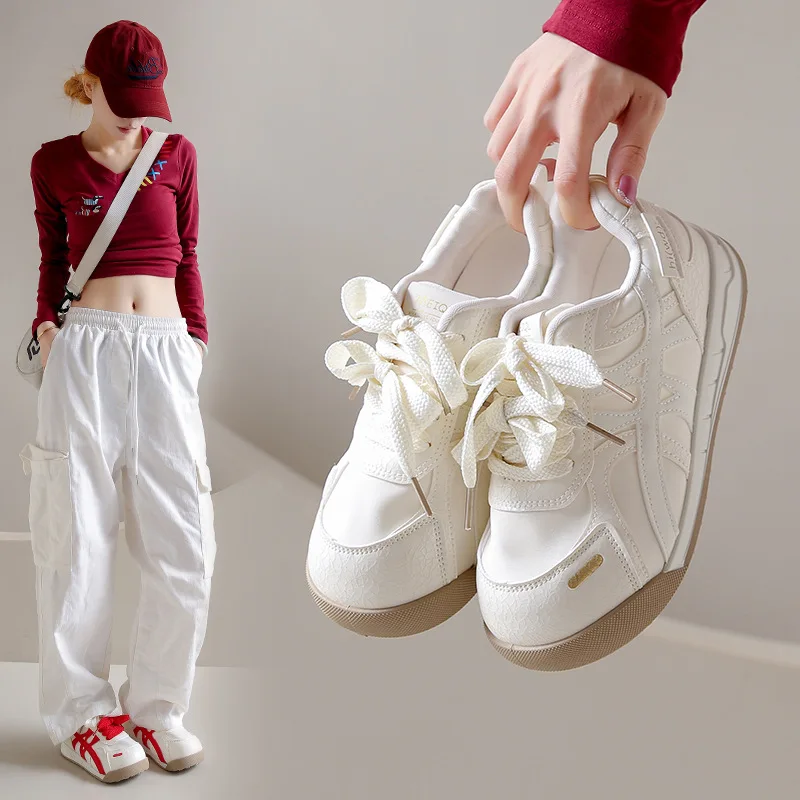 

Autumn New Thick Soled Round Toe White Shoes Solid Color Wear-resistant Comfortable Sneakers Double Lace Women's Casual Shoes