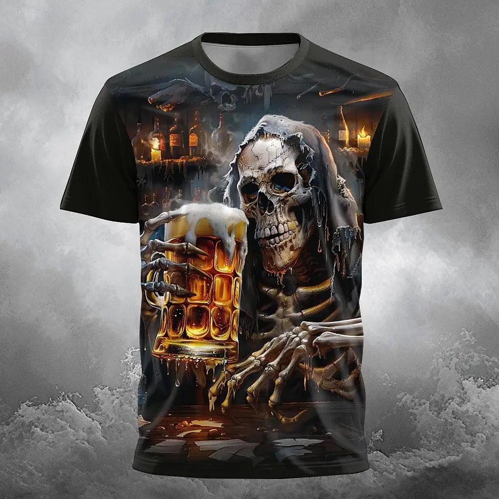 Fashionable mens 3D beer skull print T-shirt, men's casual O-neck short sleeved summer plus size T-shirt, hip-hop men's clothing