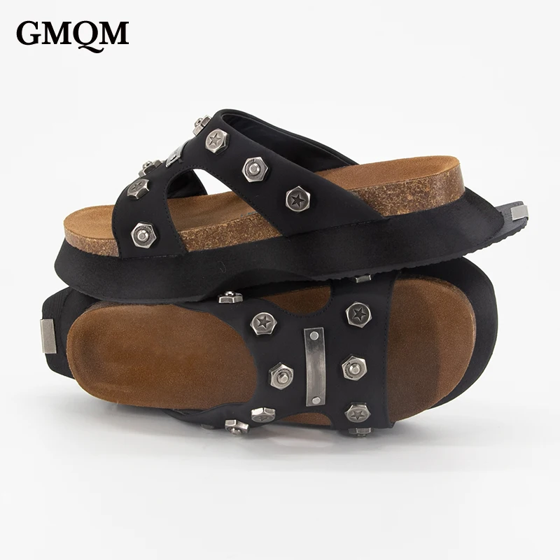 GMQM Fashion Rivet Slippers Women's Summer Thick Sole Cow Suede Leather Shoes Sandals Flats Peep Toe Outdoor Comfortable Shoes