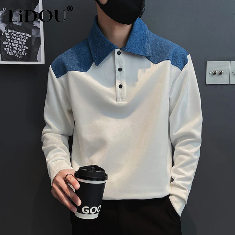 Spring Autumn Korean Fashion Patchwork Sweatshirts Man Polo Collar Long Sleeve Business Casual Pullovers Slim High Street Tops