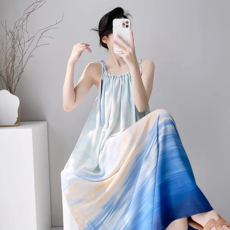 Lace-Up Cotton Silk Nightgown Women, Summer Thin Style,  Elegant Home Dress
