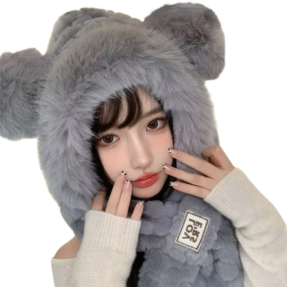 Modna pluszowa zimowa czapka zintegrowana z szalikiem, ciepła, gruba czapka z ochroną uszu, wiatroodporna, miękka czapka beanie z szalikiem dla kobiet.