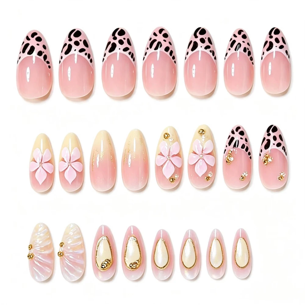 3D flowers fake nails with gilding frame beads pearls rhinestones Nude yellow almond nail tips leopard printing press on nails