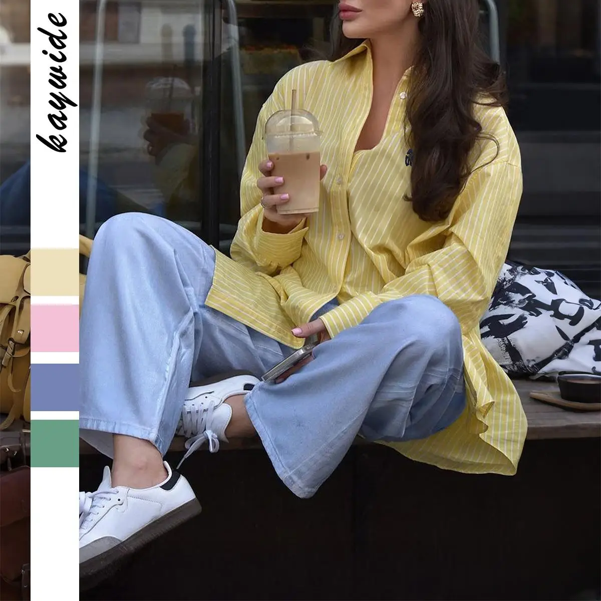 

Casual Stripe Long Sve irt Women's Faion Cross-Border Holiday Independent Station Polyester No Brand Autumn Winter