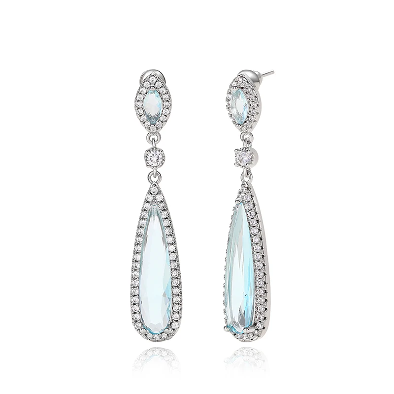 Huitan Pear Light Blue CZ Long Dangle Earrings for Women Temperament Elegant Bridal Wedding Earrings Fancy Gift Fashion Jewelry