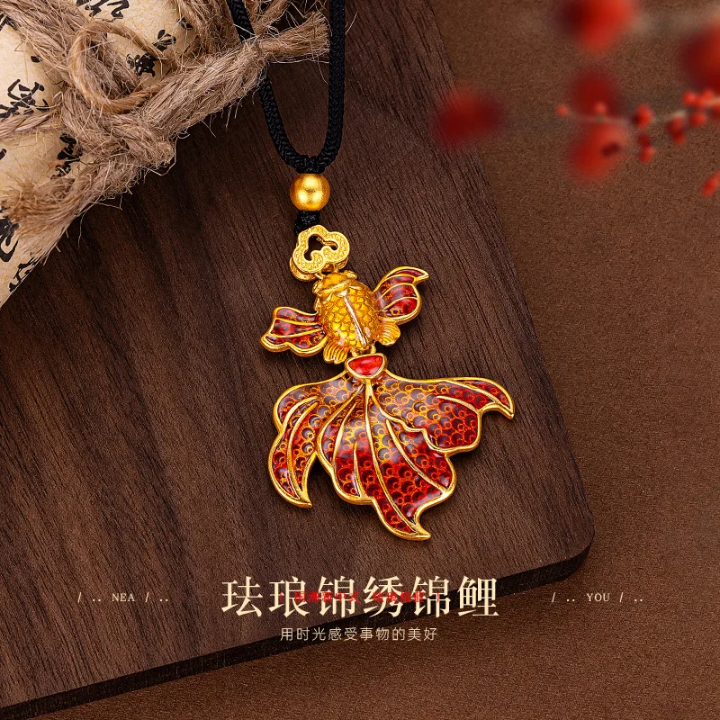 Women's Versatile 9999 24K Real Gold Red Goldfish Black Rope Pendant New Chinese Enamel Bright Fishtail Pendant Sweater Chain
