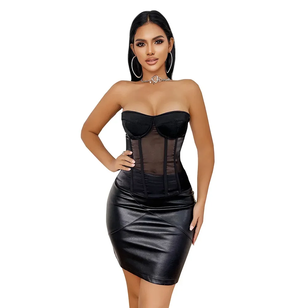 Women\'s Evening Corset Overbust With Bra Lingerie Transparent Mesh Breathable Lace Up Corsets Woman Top Black Bustier