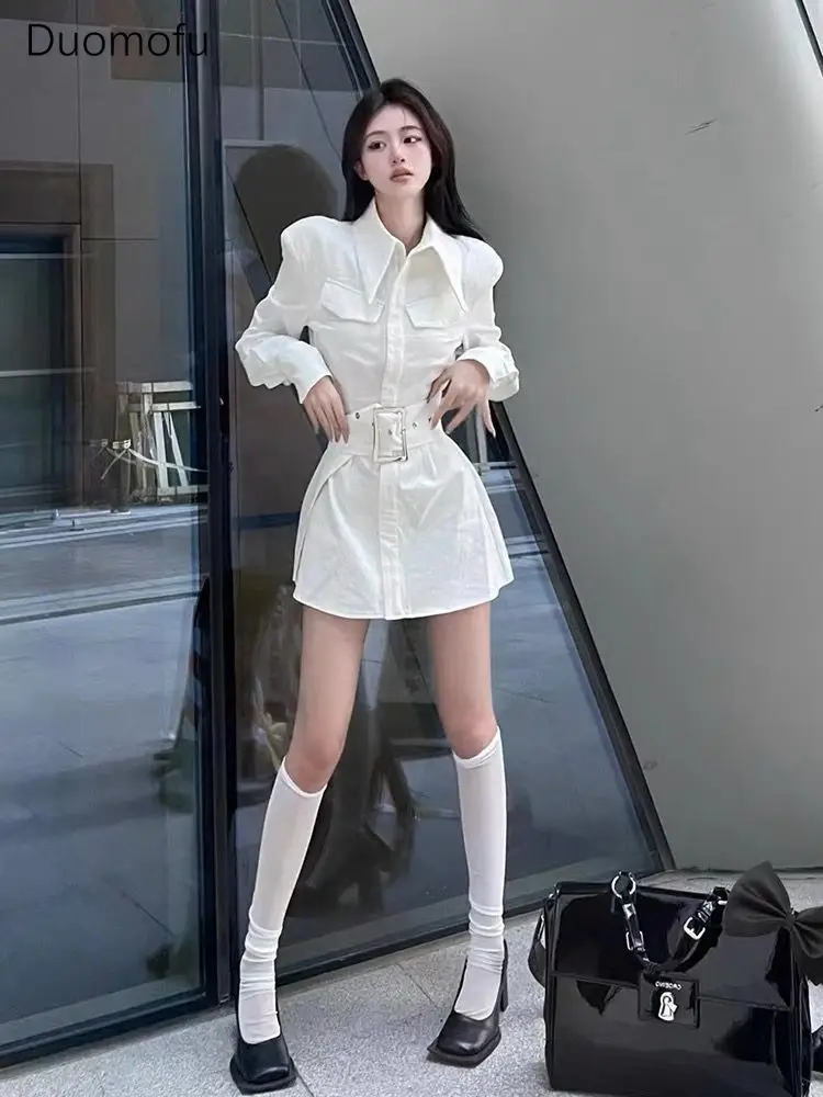 Duomofu Autumn White Chicly Polo Neck Simple Female Dresses New Basic Belt Fashion Office Ladies Solid Color Casual Women Dress