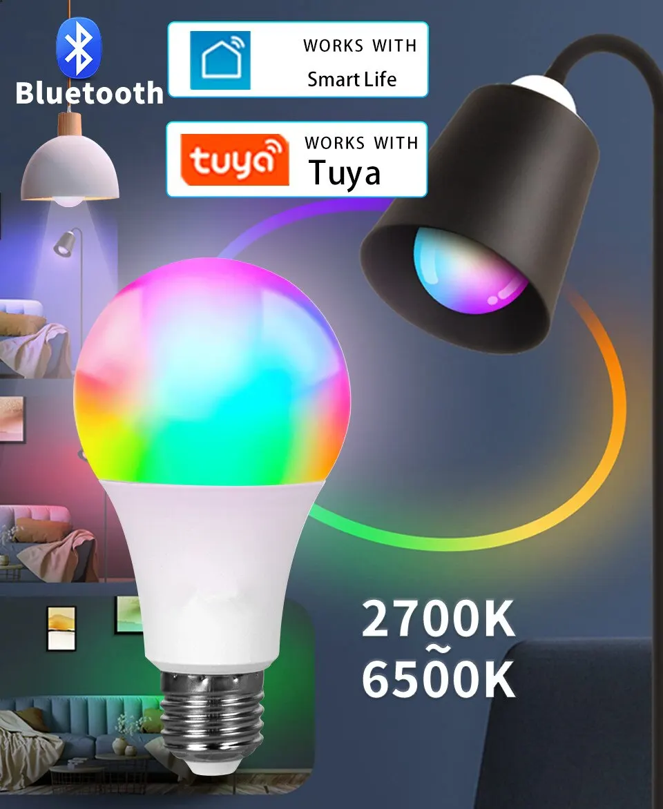 E27 LED Smart Bulb WiFi Tuya Smart Life APP Control Dimmable 15W 18W RGB+CW+WW Light Bulb For Home Bedroom Hotel Bar Party Decor