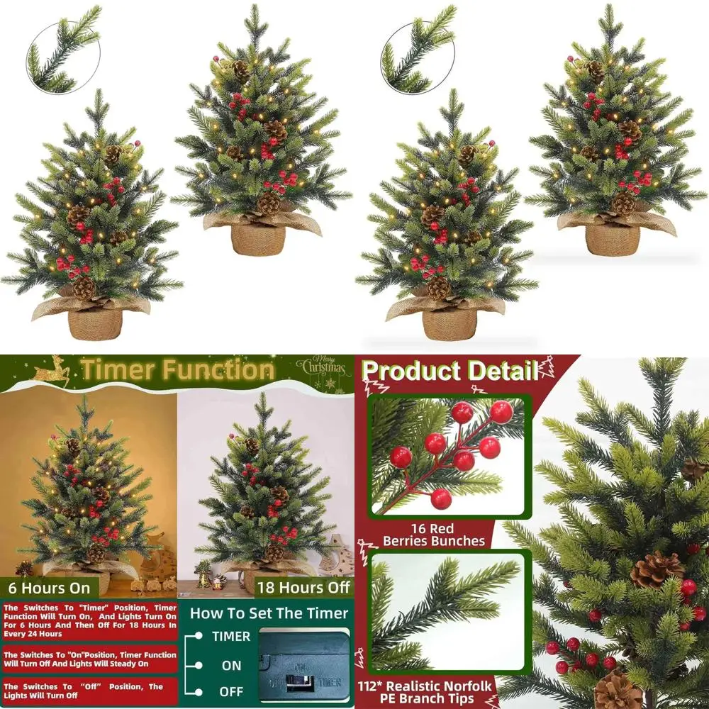 

24-дюймовые мини-рождественские елки на батарейках с подсветкой, таймером и красными ягодами для украшения помещения