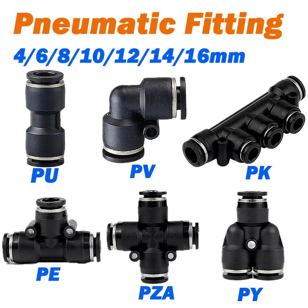 10Pcs Black Pneumatic Fitting Pipe 4/6/8/10/12/14/16mm PU/PE/PY/PV/PZA/PK Connector Tube Air Line Push to Quick Release Fittings