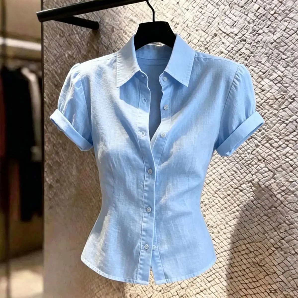 Chic Korean Light Blue Short Sleeve Women's Shirt Slim Fit Commute Style Summer Fashionable Versatile Thin Waist-Cinching Top