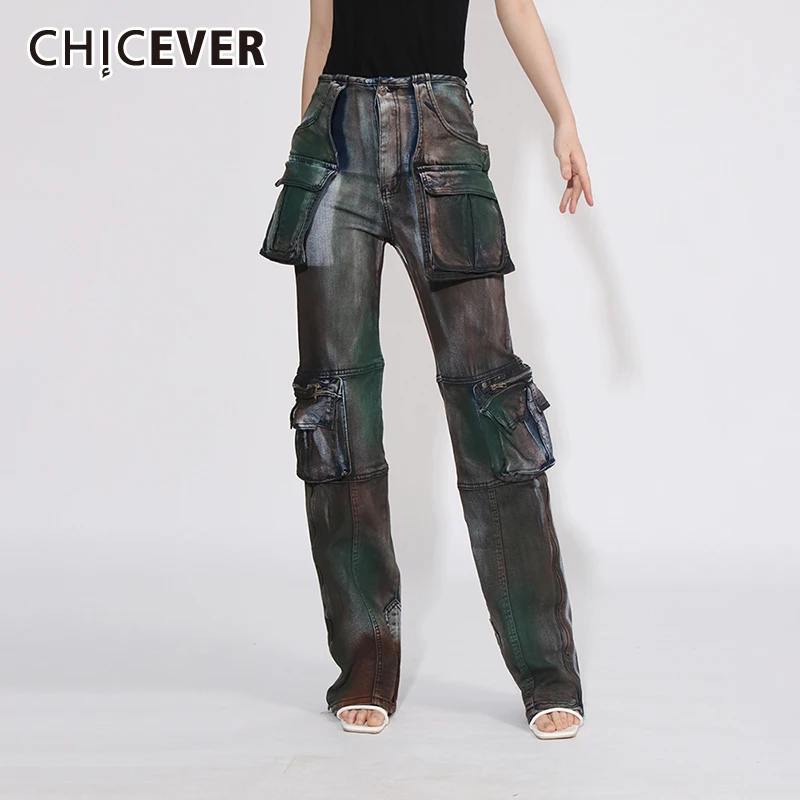 

CHICEVER Colorblock Denim Cargo Pants For Women High Waist Patchwork Pockets Loose Folds Streetwear Long Jeans Female Spring New