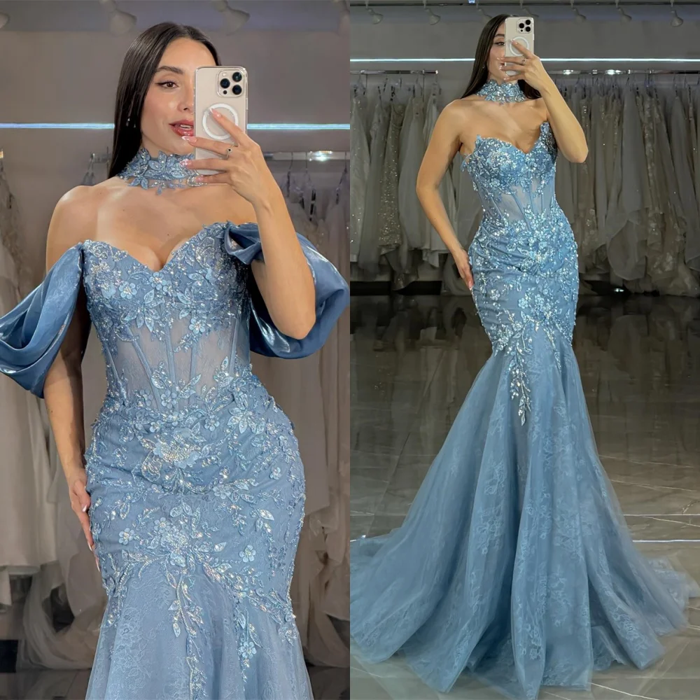 

Customized Mermaid Exquisite Blue Tulle Evening Dress Formal Sweetheart Sleeveless Homecoming Dresses Luxury Vestido D