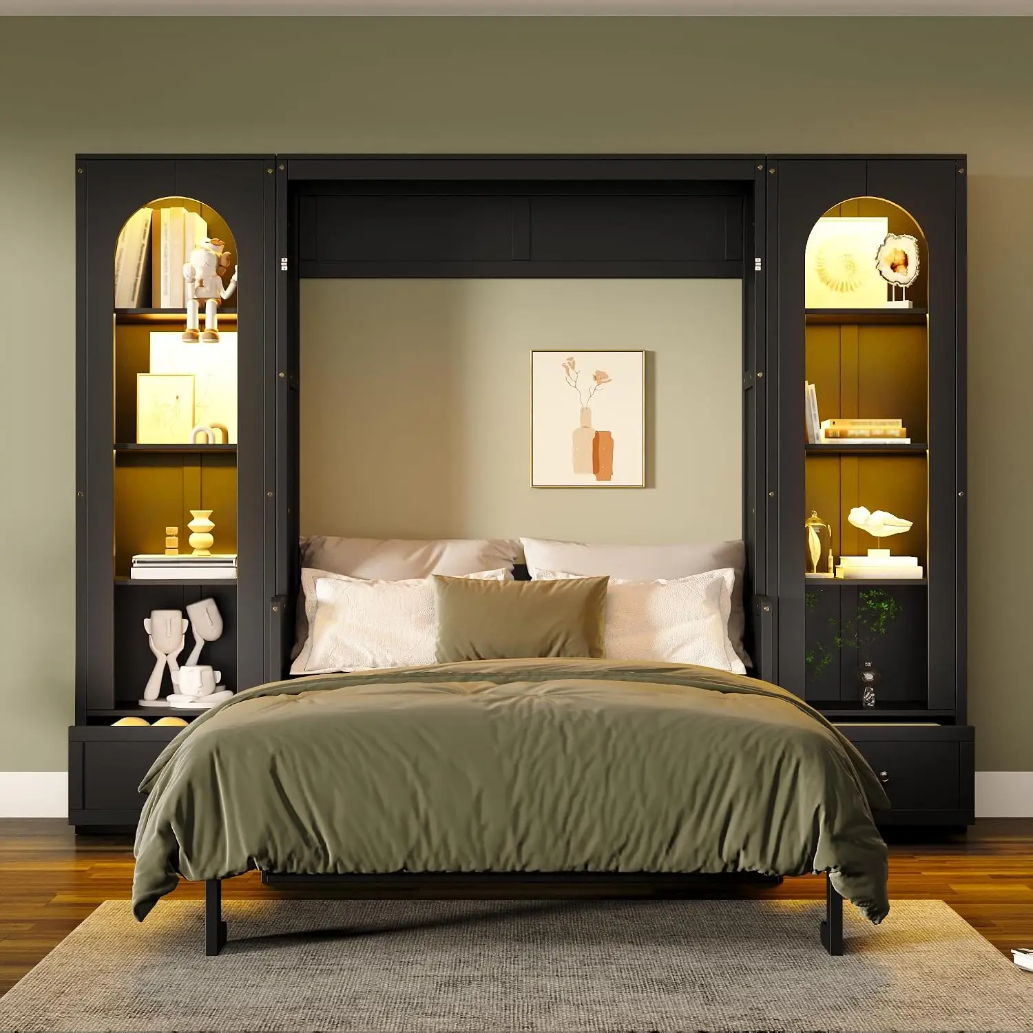 Murphy Bed Queen Size Platform Bed with Side Cabinets,Black - view 3