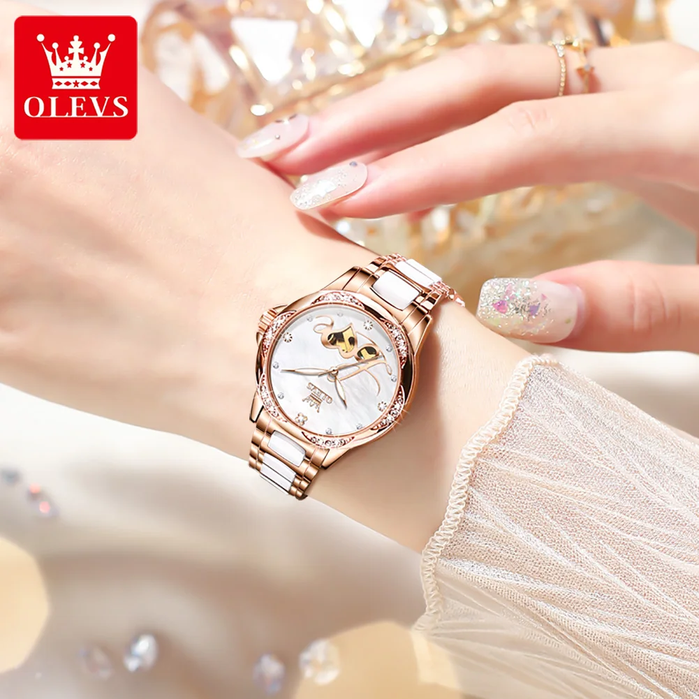 OLEVS 6613 Mechanical Watch for Women Hollow out Love Heart Stainless steel Ceramic Strap Waterproof Luminous Ladies' Watches