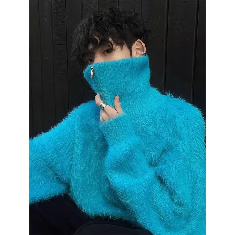 

Blue Sweater Men's High-end Clean Fit Autumn and Winter Half Zipper High Neck Knitted Sweater Long Sleeved Pullover Sweater
