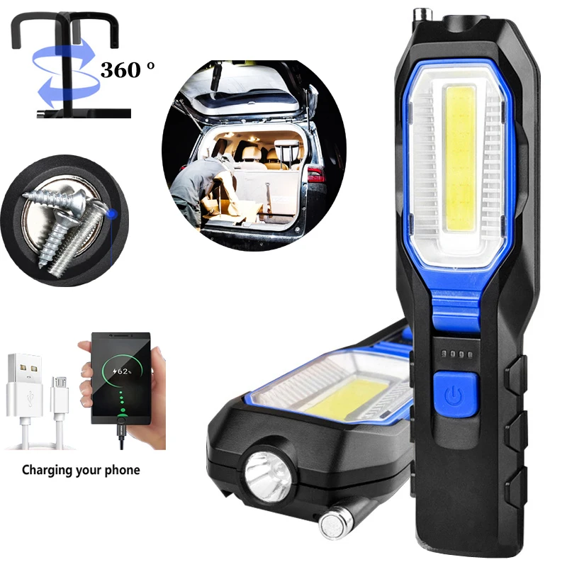 Linterna LED portátil para reparación de automóviles, linterna COB recargable por USB, lámpara impermeable para exteriores, luz de emergencia para