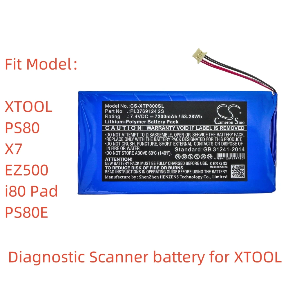 

Li-Polymer Diagnostic Scanner battery for XTOOL.7.4V,7200mAh,PS80 X7 EZ500 i80 Pad PS80E