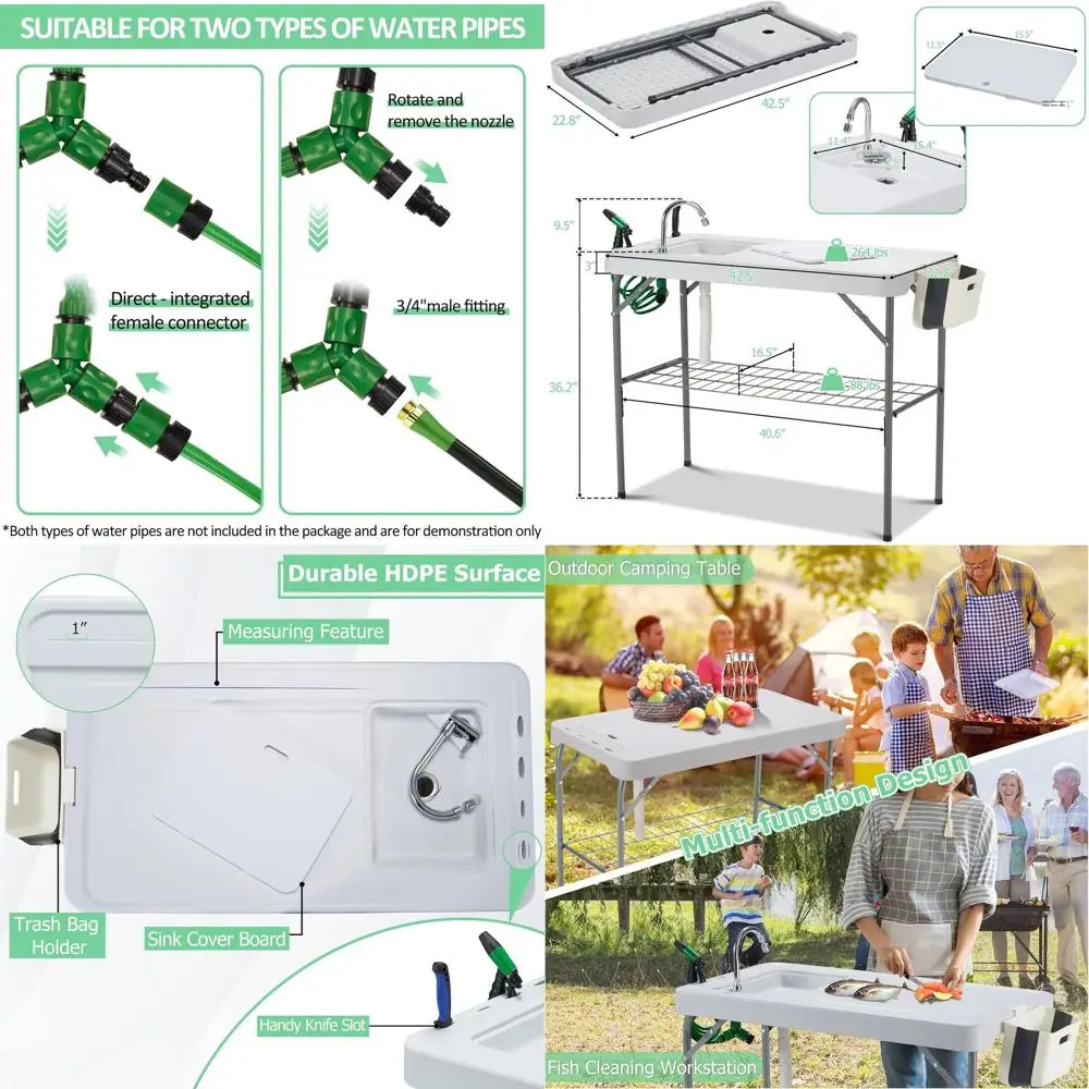 Estación portátil de limpieza de peces al aire libre con fregadero, grifo y kit de 7 piezas para actividades de camping y playa (gris)