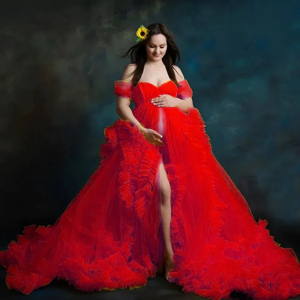 

Fluffy Red Maternity Robes for Pregnant Women Off Shoulder A Line Tulle Photography Dresses Sexy Sweep Train Baby Shower Gowns