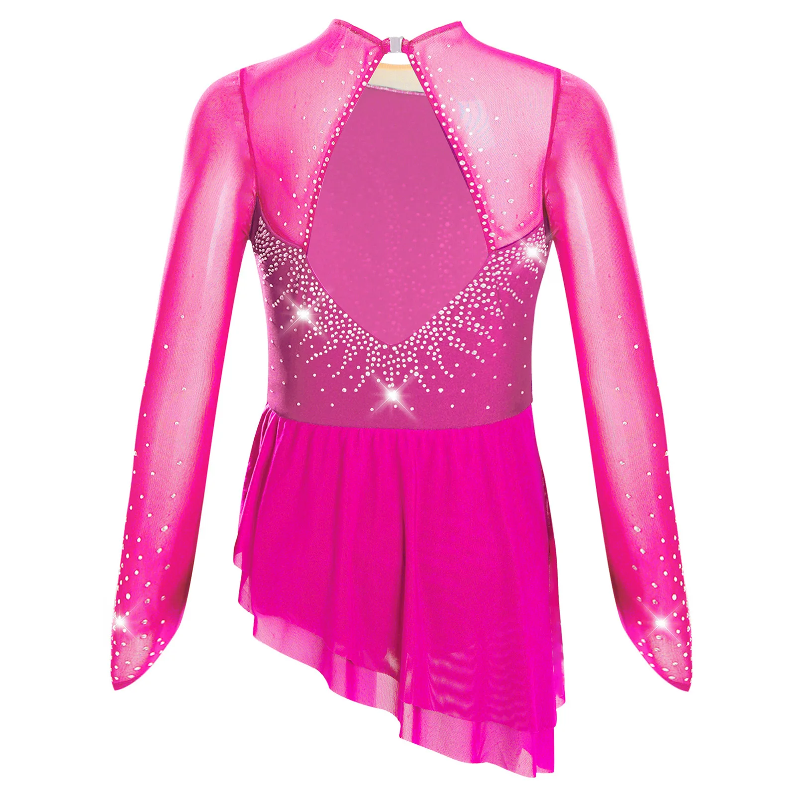 Mädchen Gymnastik Eiskunstlauf Modernes Ballett-Trikot Lyrisches Tanzkostüm Transparentes Netz Glitzernde Strass-Leotards Kleid – Detail 22