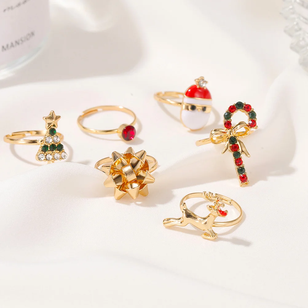 

6 Pcs Christmas Tree Rings Adjustable Alloy Elegant Texture Santa Claus Elk Decorative Finger Ring Set Jewelry Gift