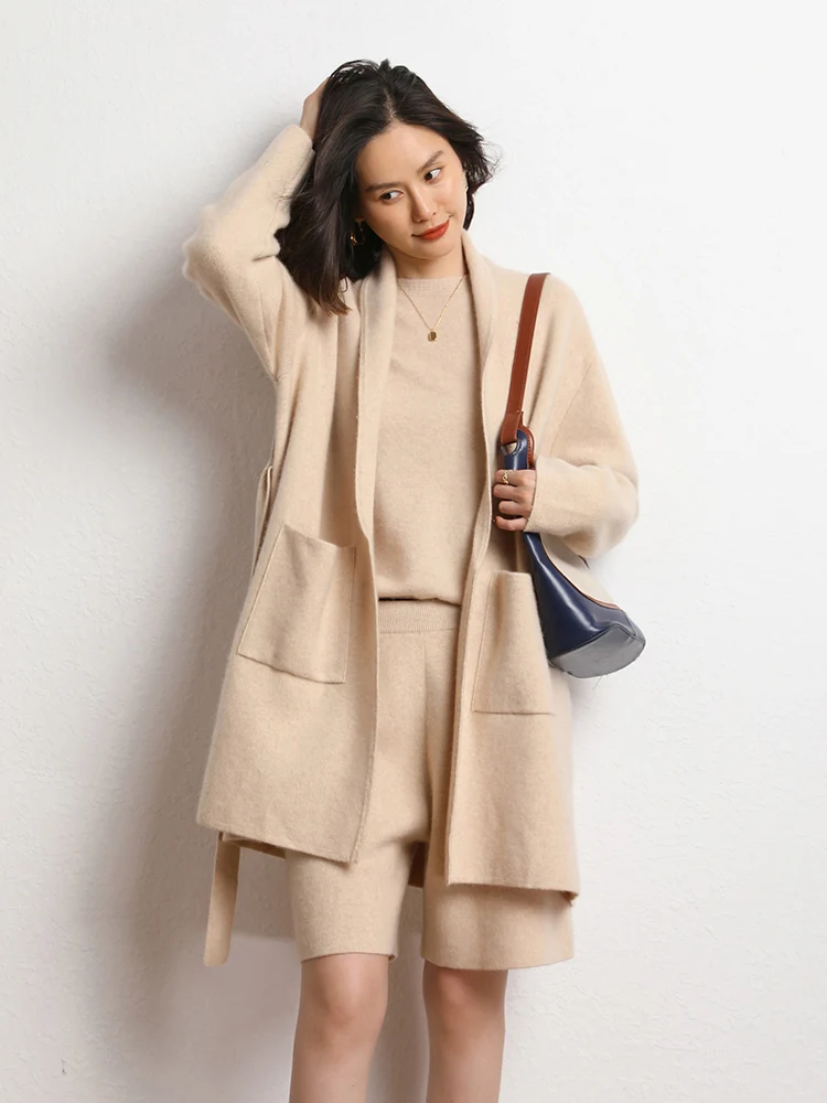 

Women's 100% Pure Cashmere Medium Length Cardigan Sweater Fall Winter Thick Loose Knitwear Soft Pockets High-end Cashmere Coat