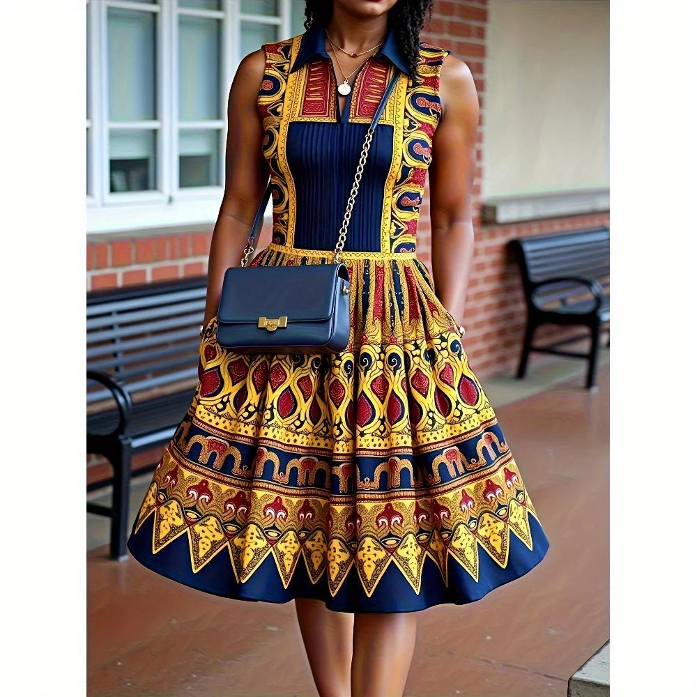 

Oversized women's lapel ethnic print sleeveless dress