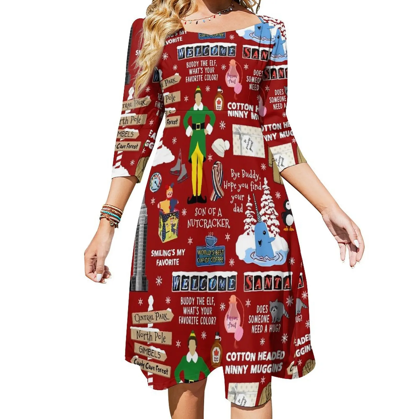 

Рождественское Повседневное платье с коллажем Бадди эльфа, милые весенние сексуальные платья с квадратным воротником, стильное платье на заказ 4XL 5XL 6XL