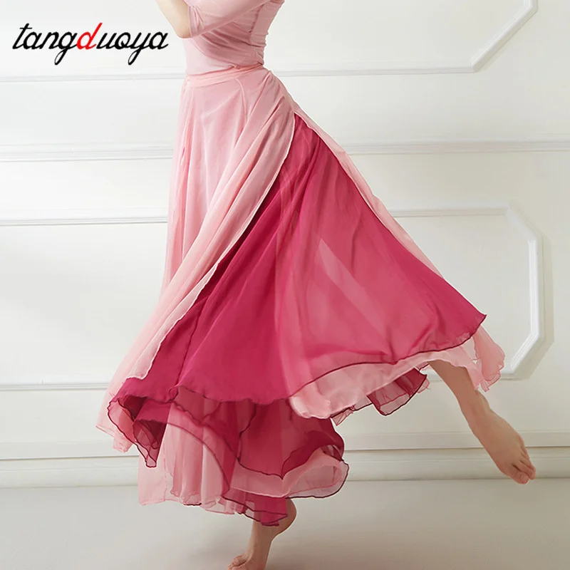 Classical Dance Costume 720-Degree Flowing Half-Length Skirt Strappy Double Layer Large Swing Skirts Gauze Tops Elegant Mesh Top