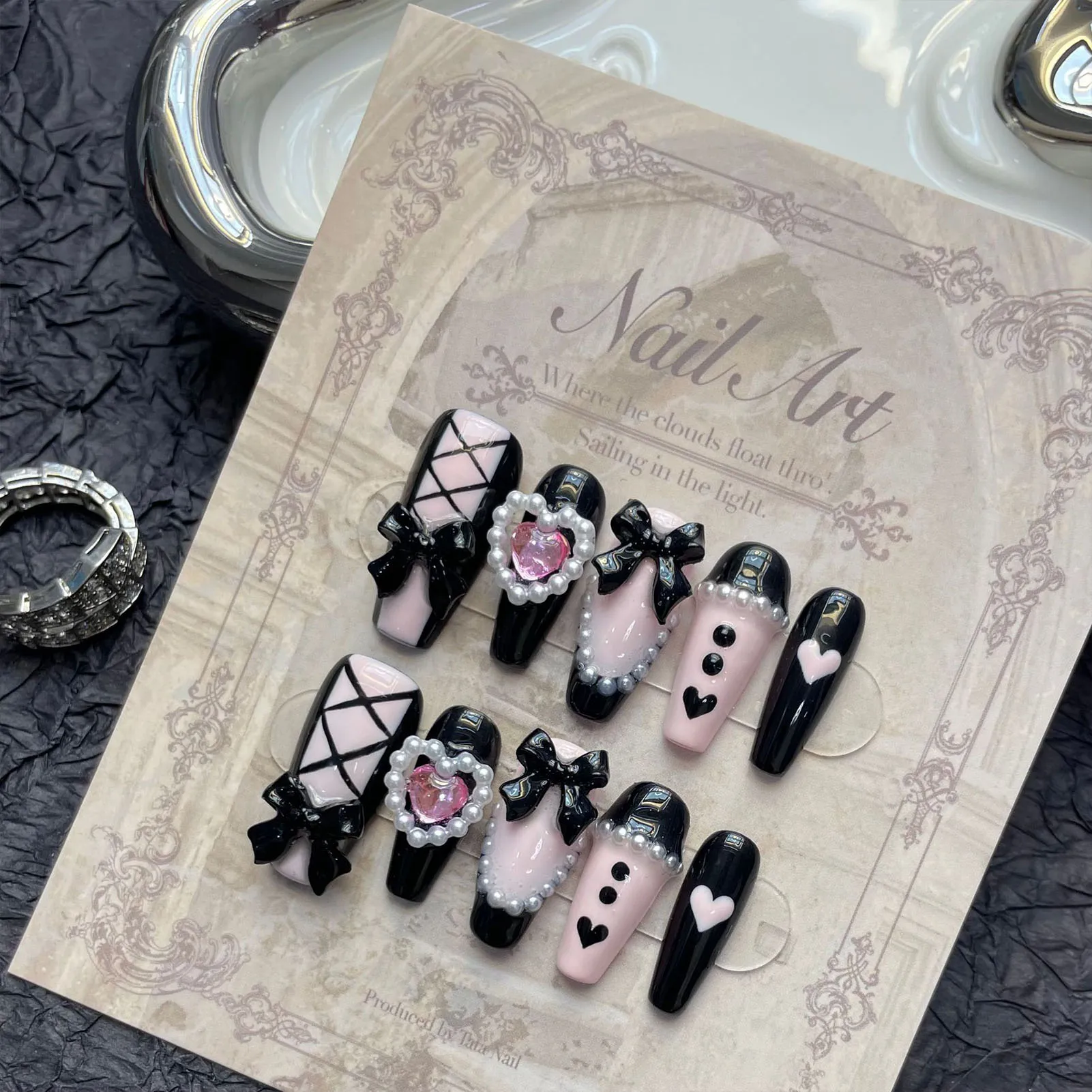 Handmade Press on Nails with Heart Printed Chip-Proof Smudge-Proof Fake Nails for Shopping Traveling Dating MIAO-US