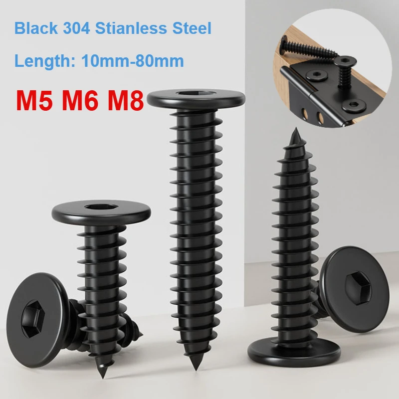 M5 M6 M8 Black 304 Stianless Steel Super Ultra Thin Hex Socket Flat Head Screw Self-Tapping Wood Screws Length 10mm-80mm