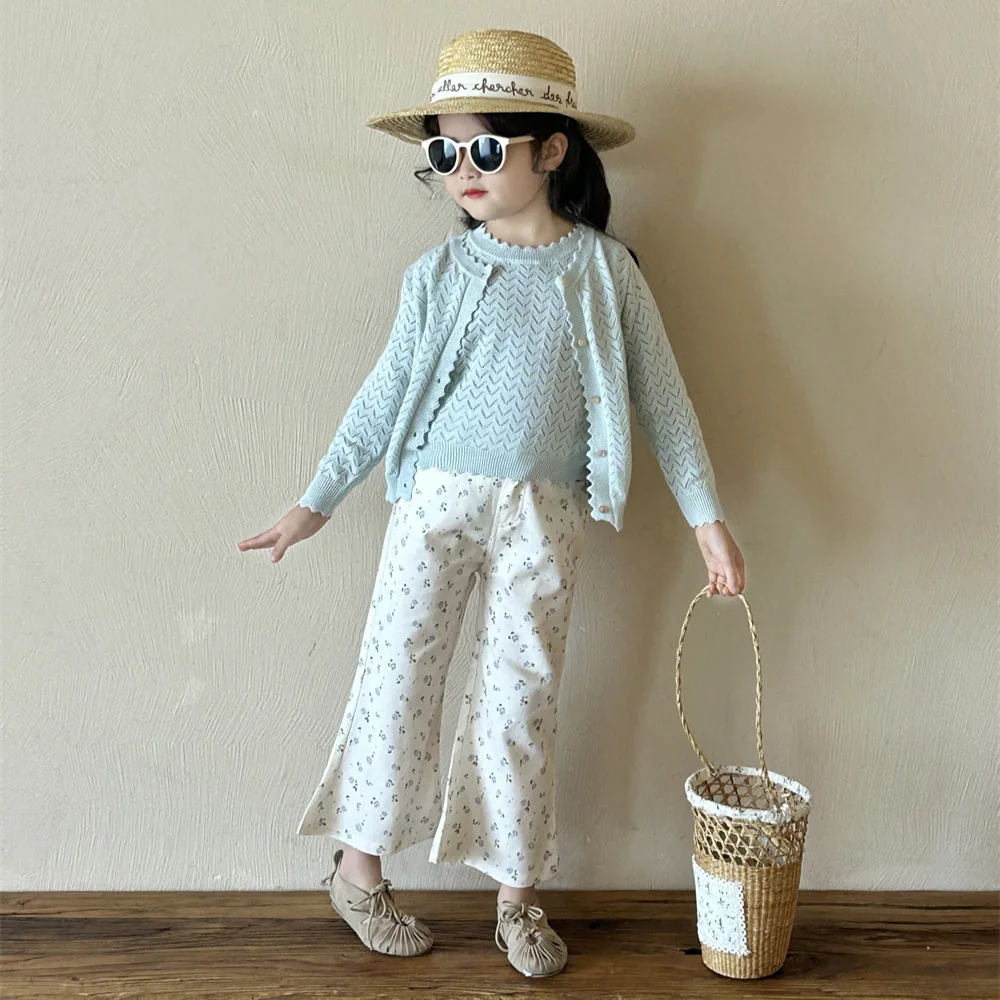 2025 Girls Spring Autumn New Hollow Knitted Vest Cardigan Floral Cotton Flared Pants Baby Countryside Style Clothing