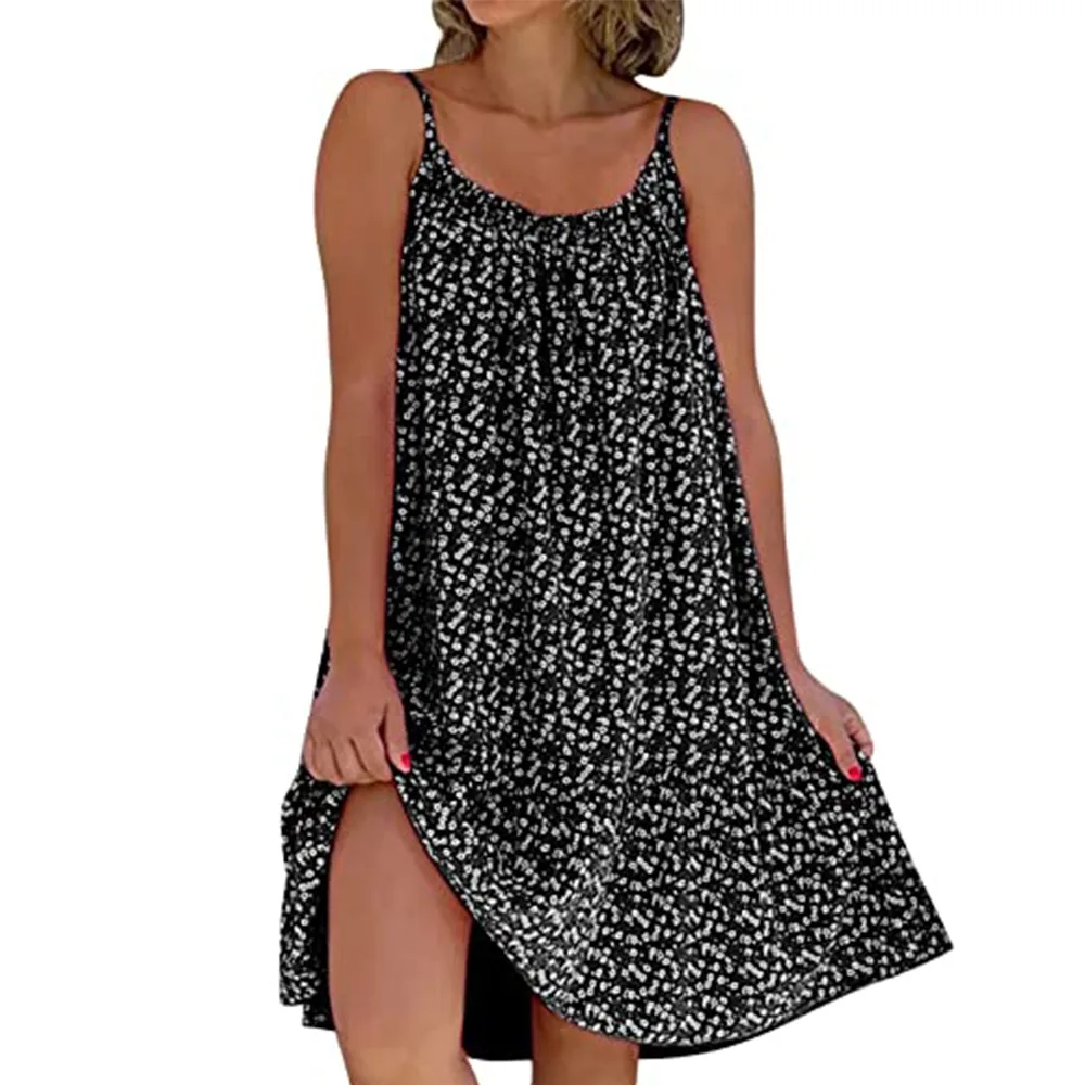 Lässiges Damenkleid mit Spaghettiträgern, Blumenmuster, Schwarzes Minikleid, Sommerkleid, Fließendes Boho-Kleid für Strandurlaub