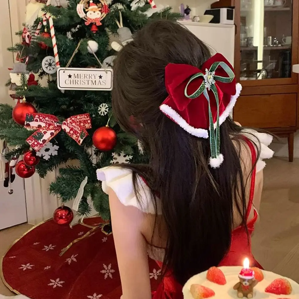 Christmas Princess Hairpin Big Red Velvet Bow Snowflake Hair Clip for Girls Romantic Christmas Party Hair Accessories