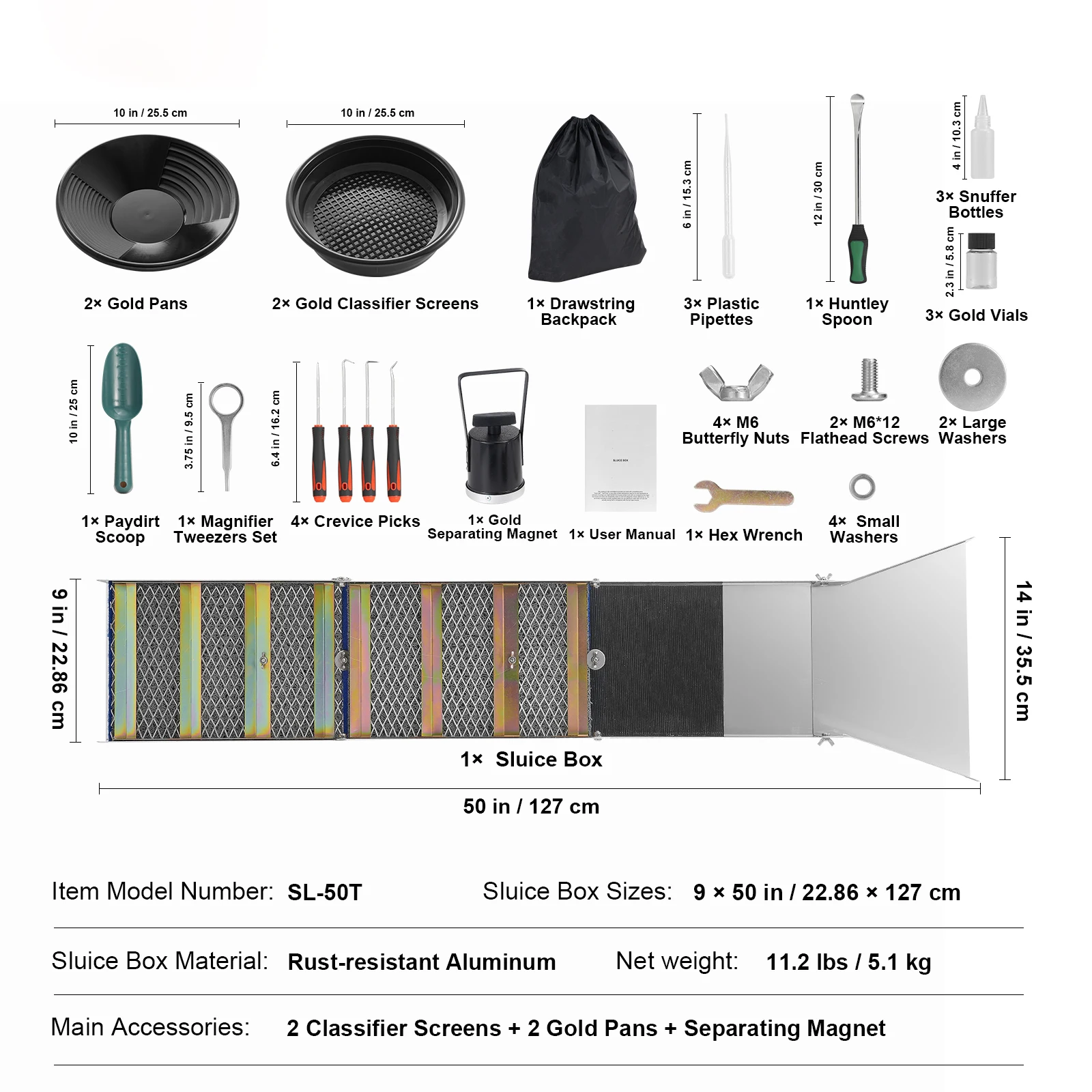 SucceBuy 50 "12" Complete Sluice Box Gold Panning Kit Aluminium Goud Mijnbouw Apparatuur 23/16 PCS Goud Prospectie Kit