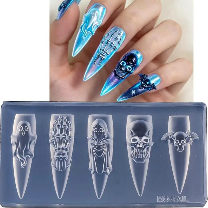 Cartoon Halloween Element Nail Silicone Mold Ghost Skull Pumpkin Grave Shape Carving 3D Soft Template Manicure Tool Supply