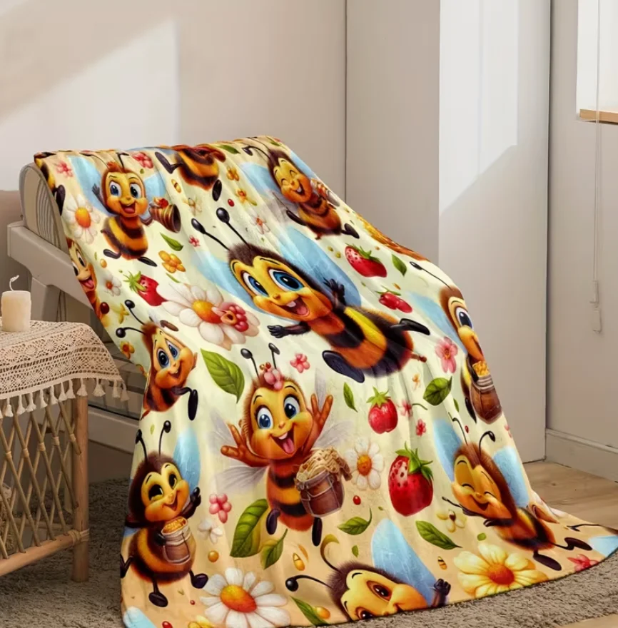 1pc Whimsical Bee Cartoon Fleece Throw Blanket - Cozy All-Season Polyester Flannel with Vibrant Digital Print Sofa & Room Decor