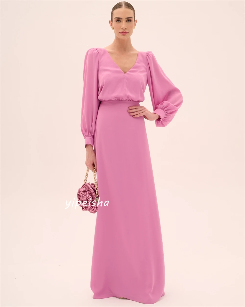 Robe Longue en Mousseline de Soie Drapée et Plissée, Vêtement Personnalisé, Ligne A, Col en V, sur Mesure, pour Occasions