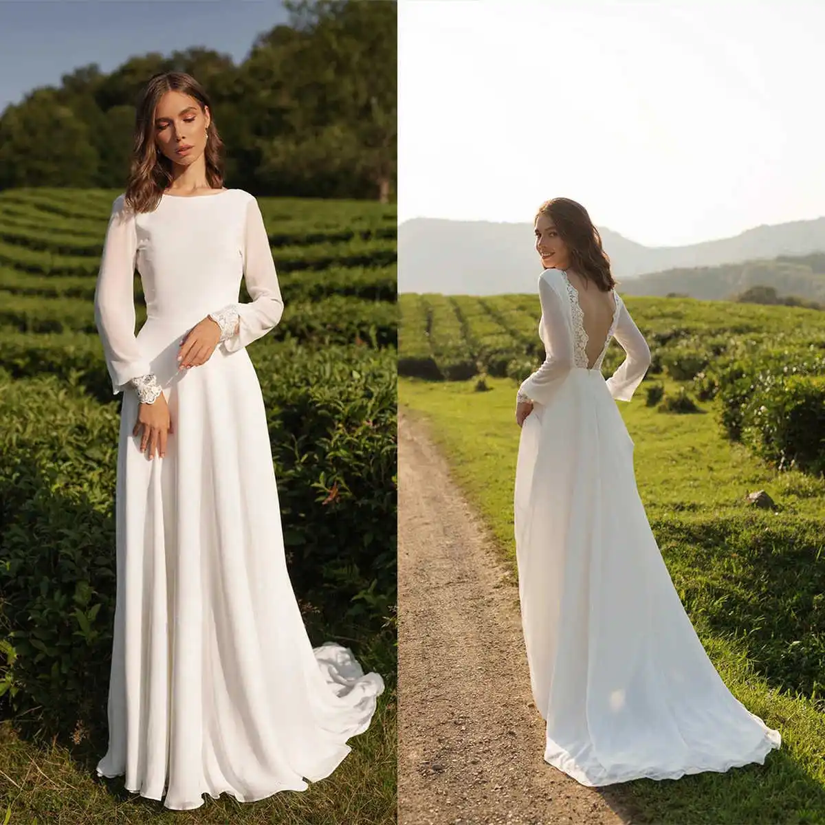 

Women's Simple Elegant Wedding Dresses A-Line Round Neck Long Sleeve Trailing Wedding Dress for Bridesmaid Banquet Potluck Weddi