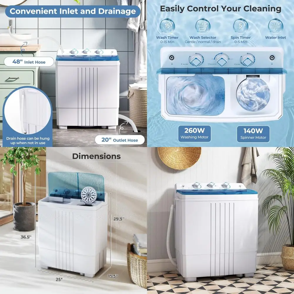 

Портативная компактная стиральная машина с двумя баками и функцией отжима, загрузка 12 фунтов, отжим 8 фунтов, общая вместимость 20 фунтов, подходит для автодомов, общежитий, прачечных.